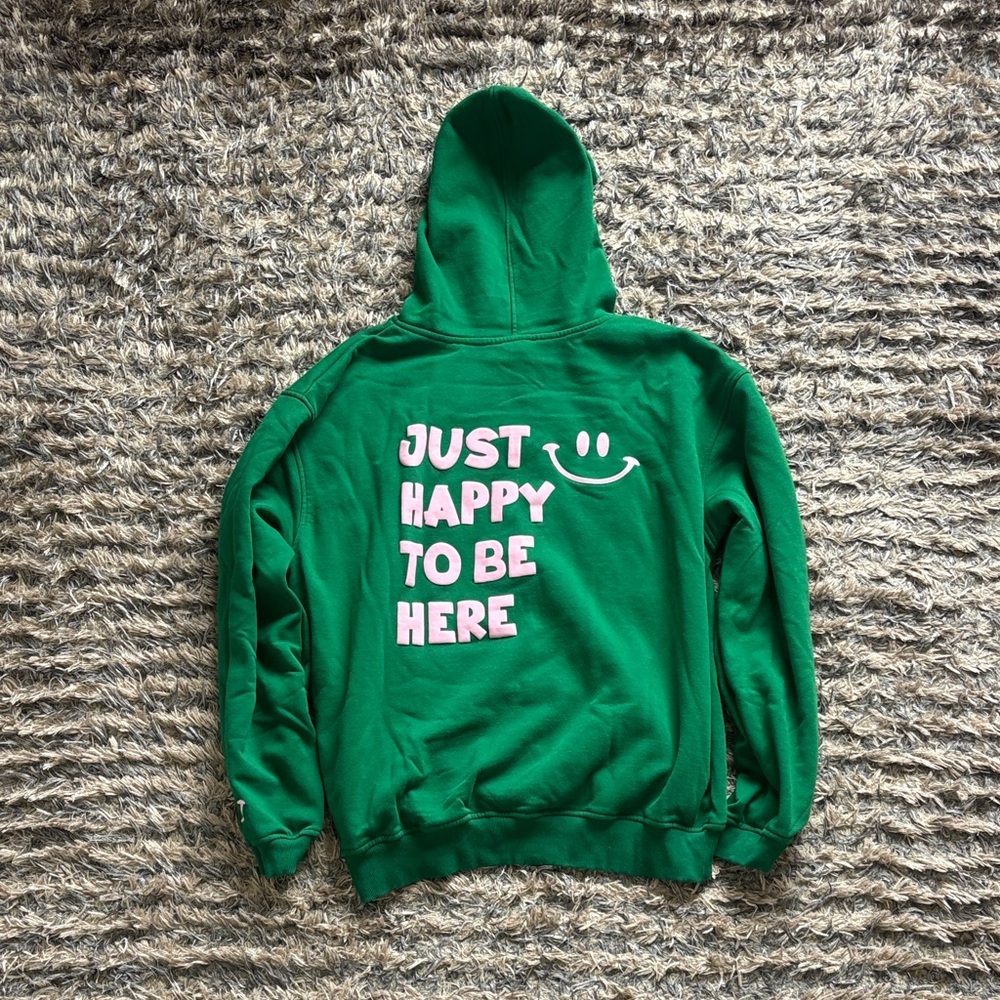 Fourteen Twelve Green 'Happy To Be Here' Pullover Hoodie With Pink Accent, Large